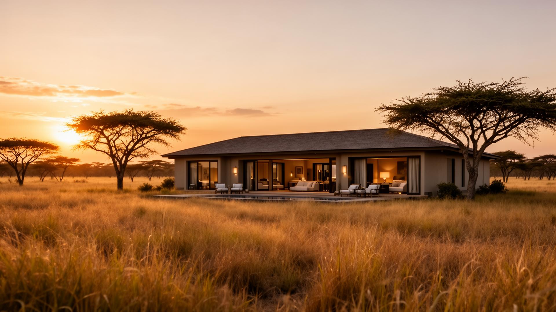 Hotel Selebi exterior at golden hour in the Botswana savannah